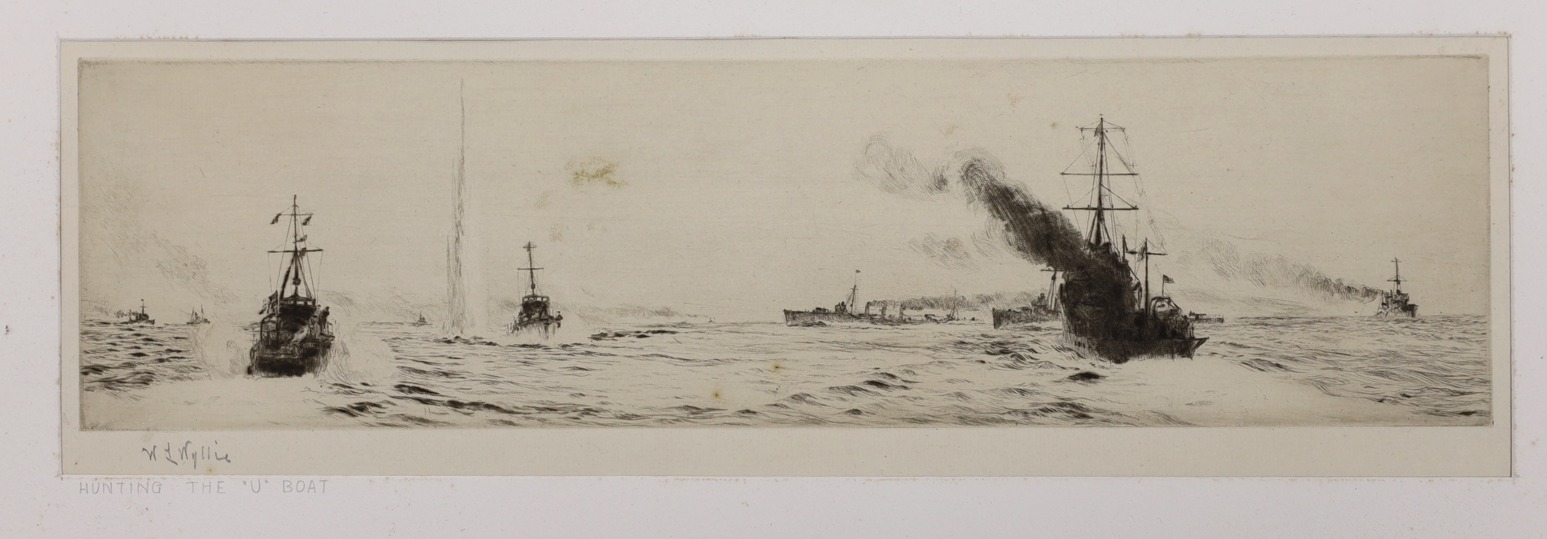 William Lionel Wyllie (1851-1931), drypoint etching, 'Hunting the U-boat', signed in pencil, 8.5 x 33cm, unframed